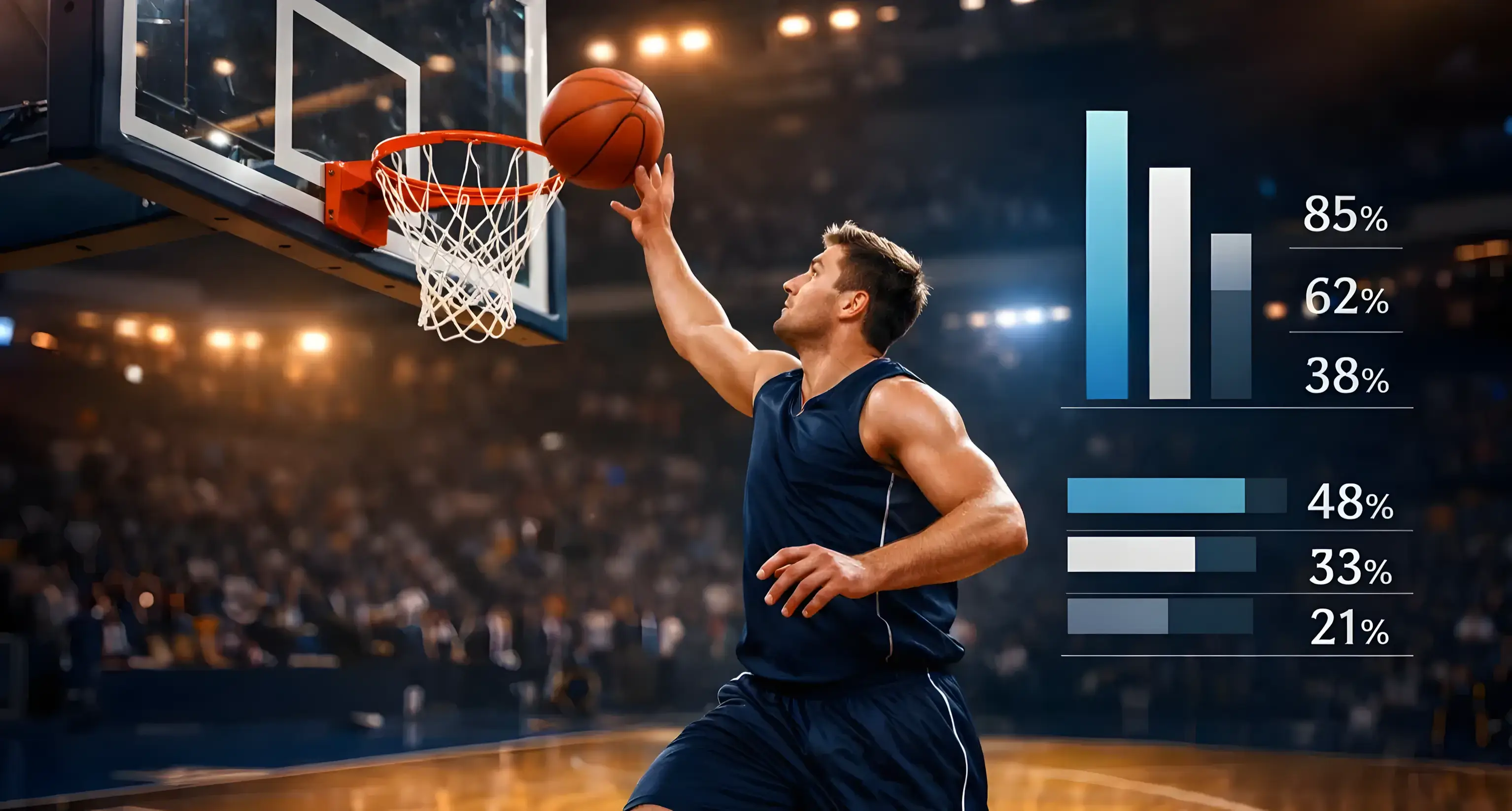 Παίκτης μπάσκετ εκτελεί σουτ κοντά στο καλάθι σε αγώνα με στατιστικά στοιχεία στο πλάι