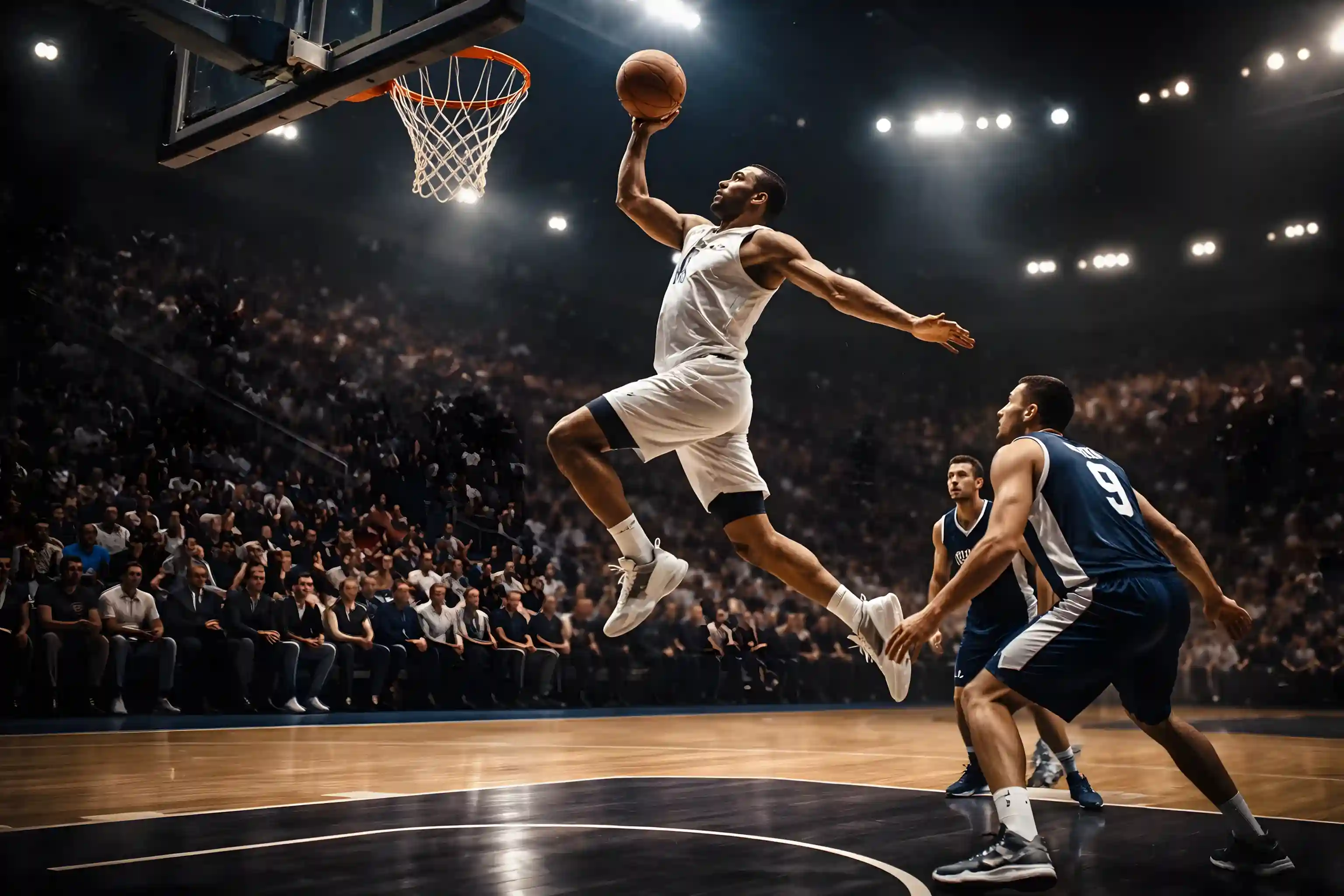 Παίκτης μπάσκετ σε σουτ κάτω από φωτισμένο γήπεδο — αγορές στοιχήματος μπάσκετ