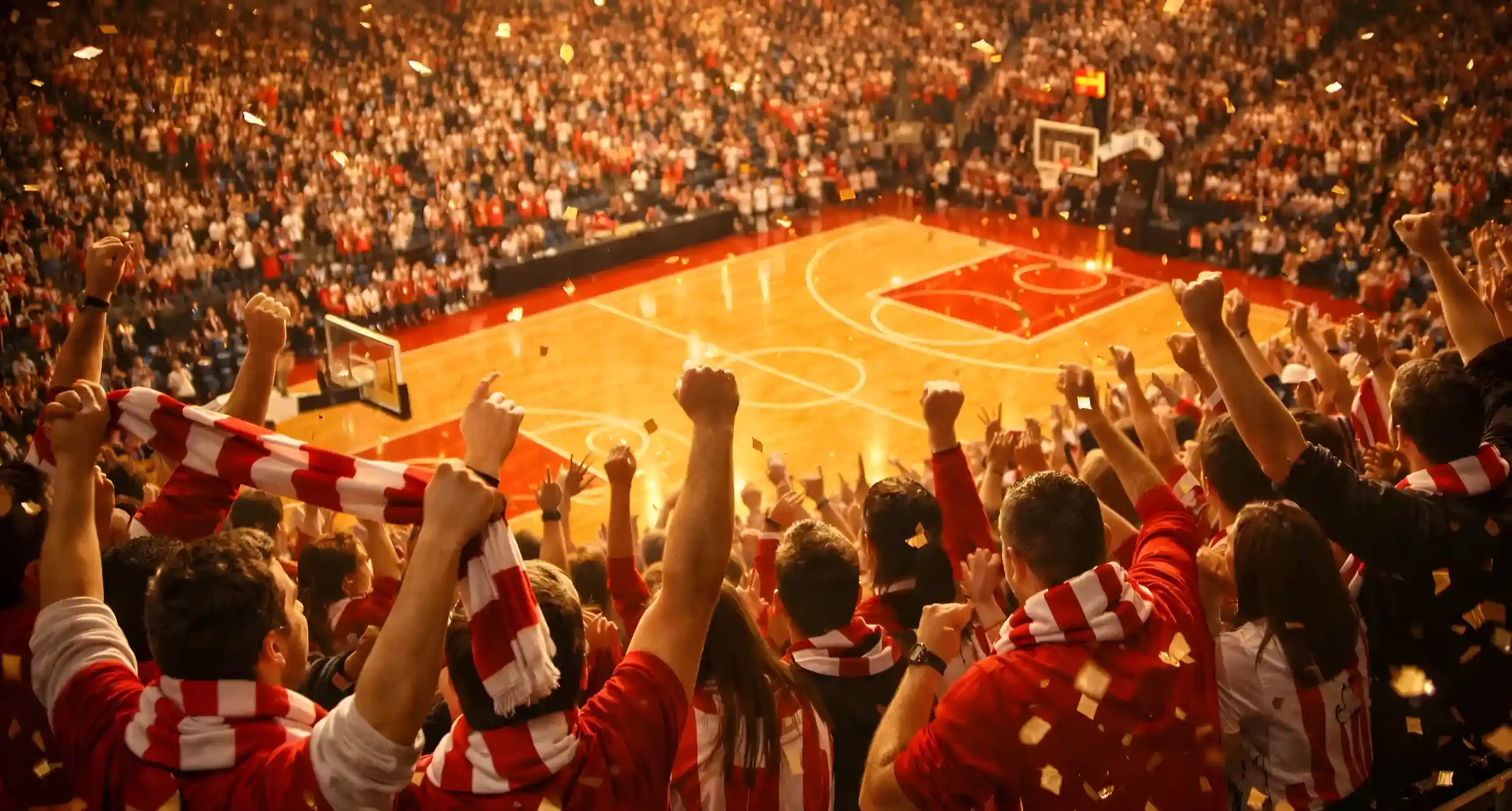 Φίλαθλοι μπάσκετ σε κατάμεστο ελληνικό γήπεδο πανηγυρίζουν μετά από καλάθι