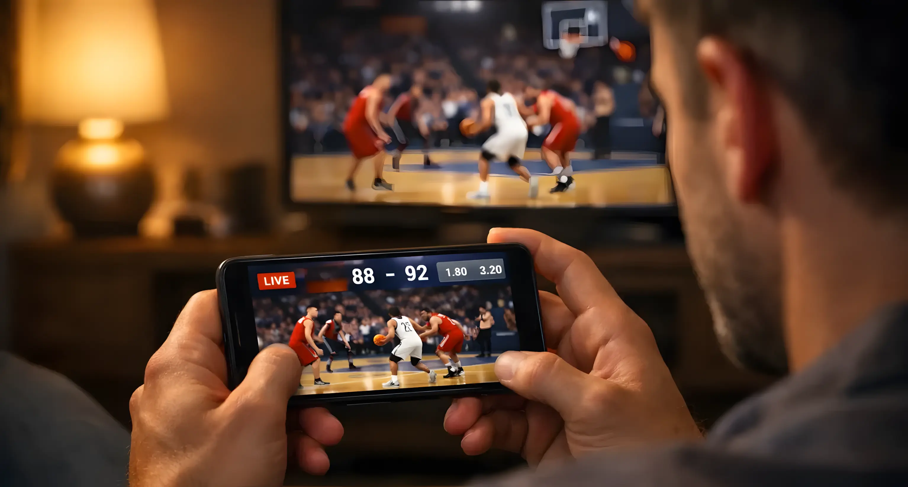 Άνδρας παρακολουθεί αγώνα μπάσκετ σε κινητό τηλέφωνο με ζωντανές αποδόσεις στην οθόνη