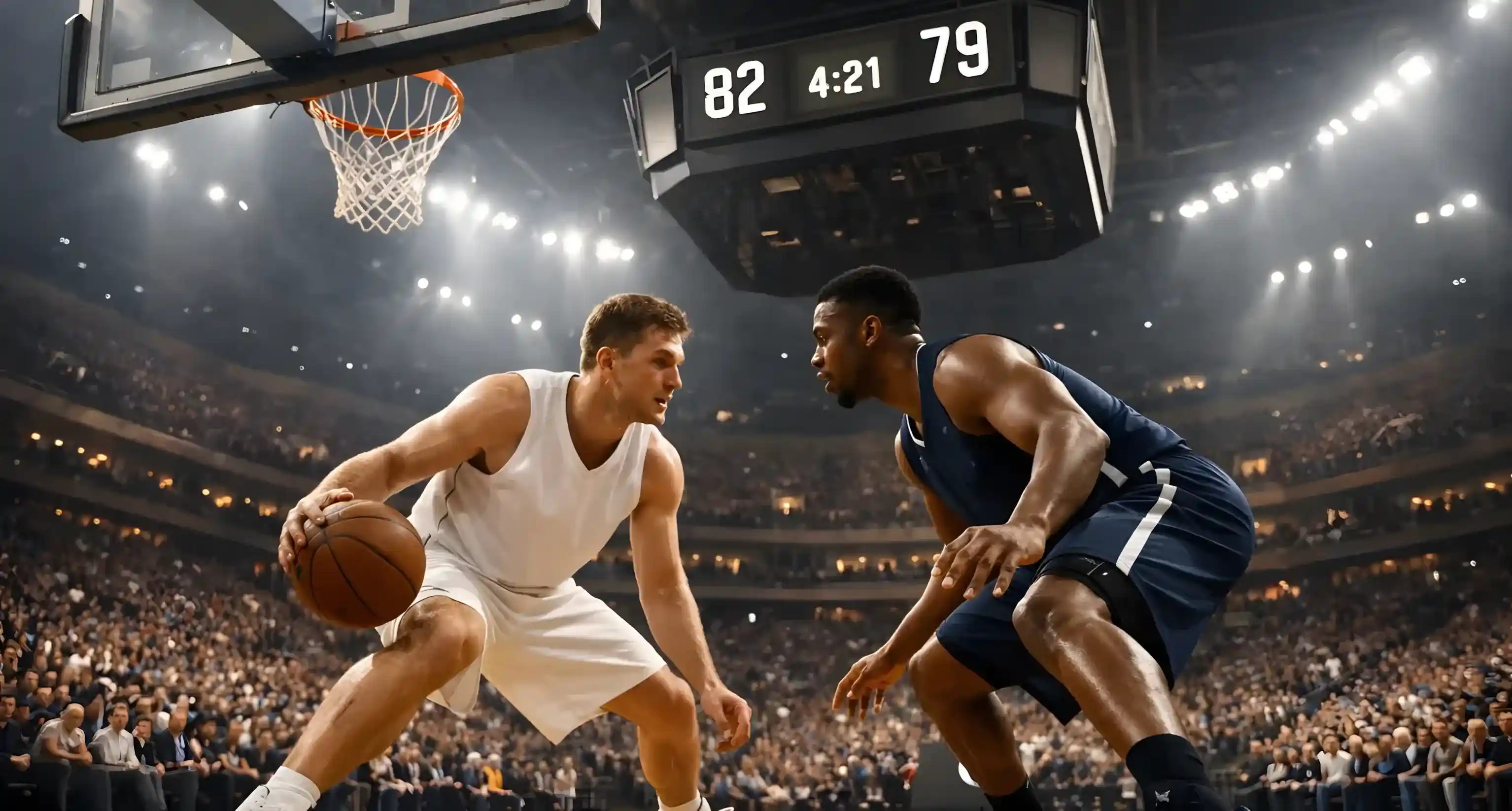 Επαγγελματικός αγώνας μπάσκετ σε μεγάλη αρένα με παρκέ γηπέδου και φωτισμένα ταμπλό