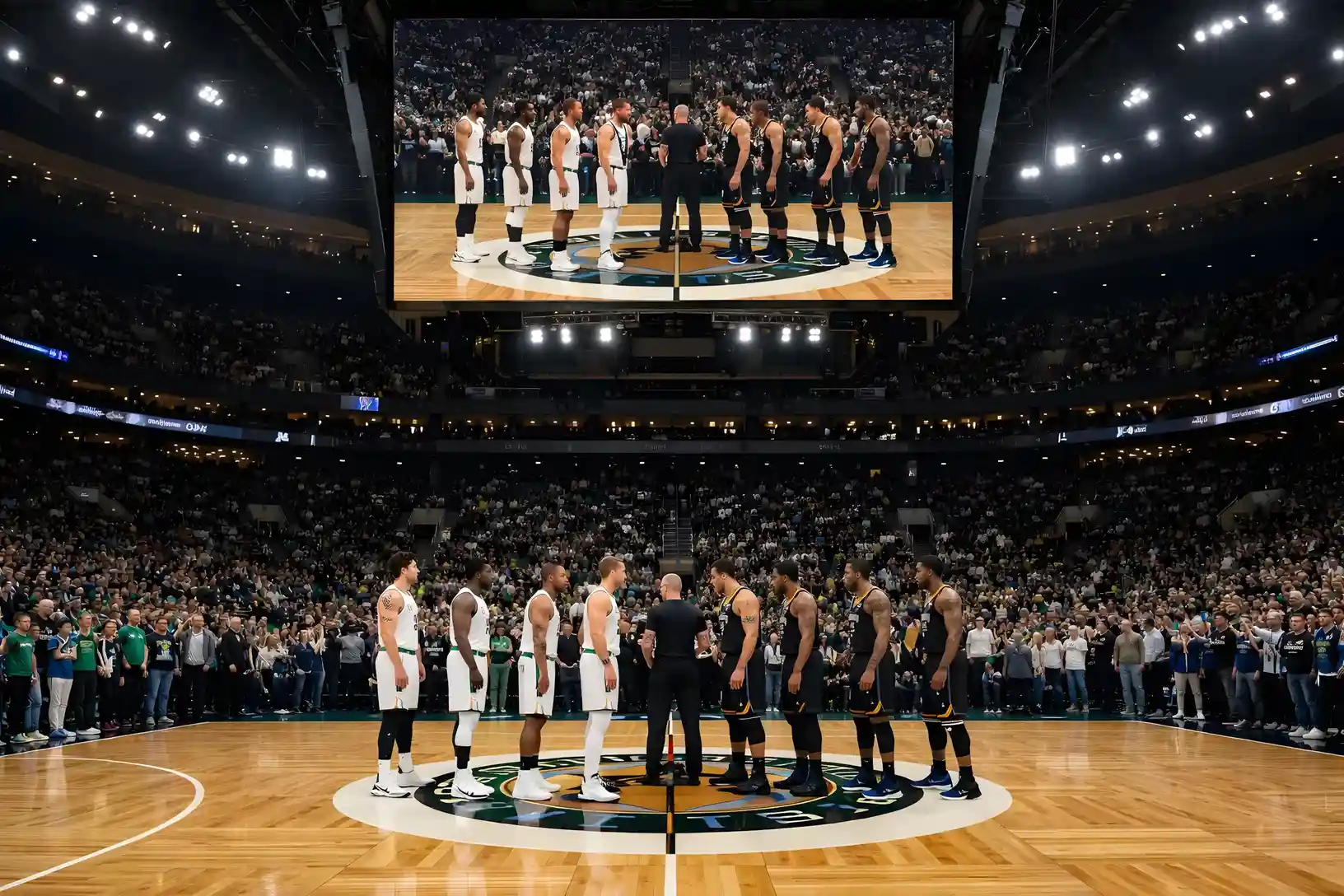 Γήπεδο NBA με παρκέ και φωτισμένο ταμπλό σκορ — στοίχημα NBA