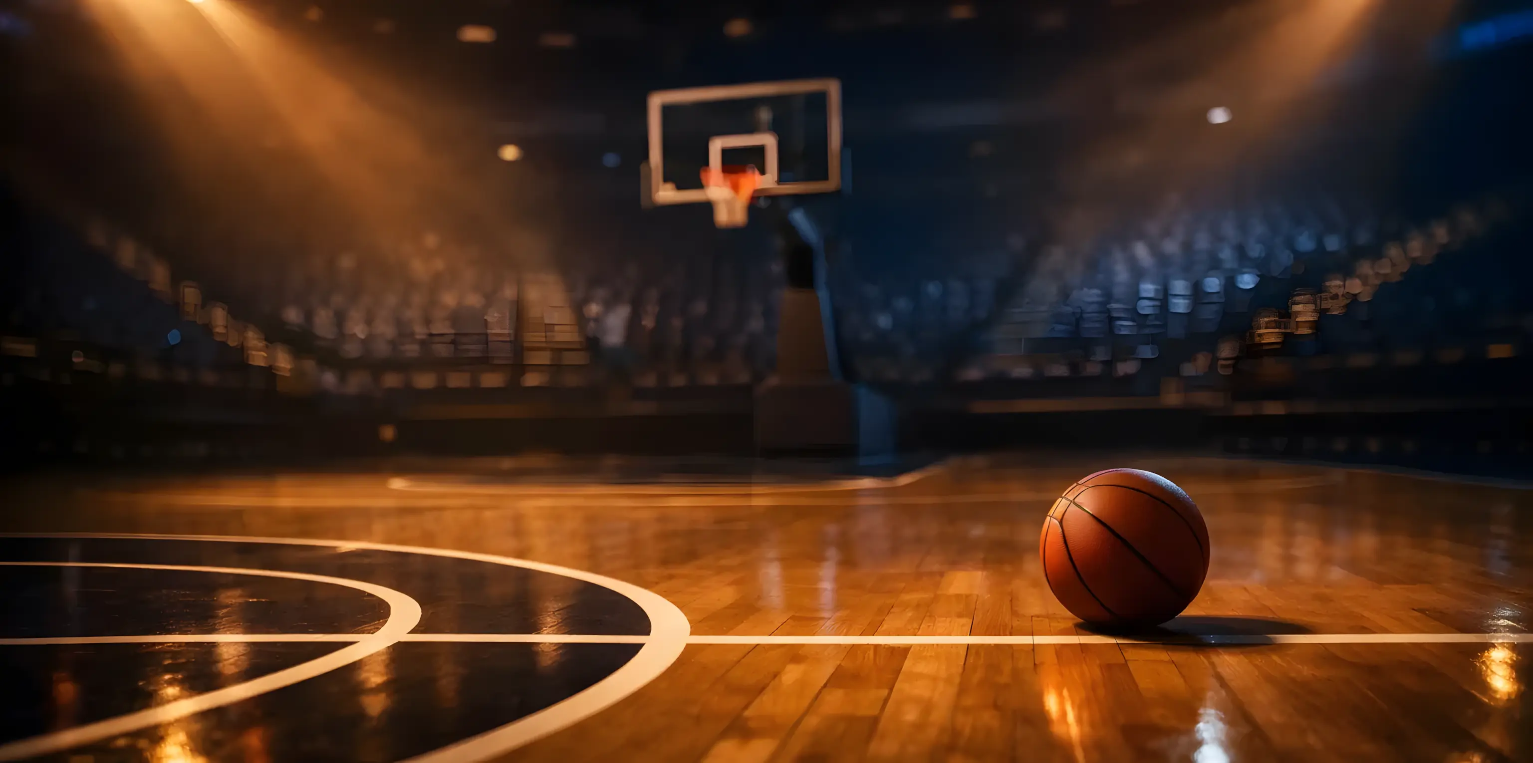 Γήπεδο μπάσκετ κατά τη διάρκεια αγώνα με φωτισμένη ατμόσφαιρα γηπέδου