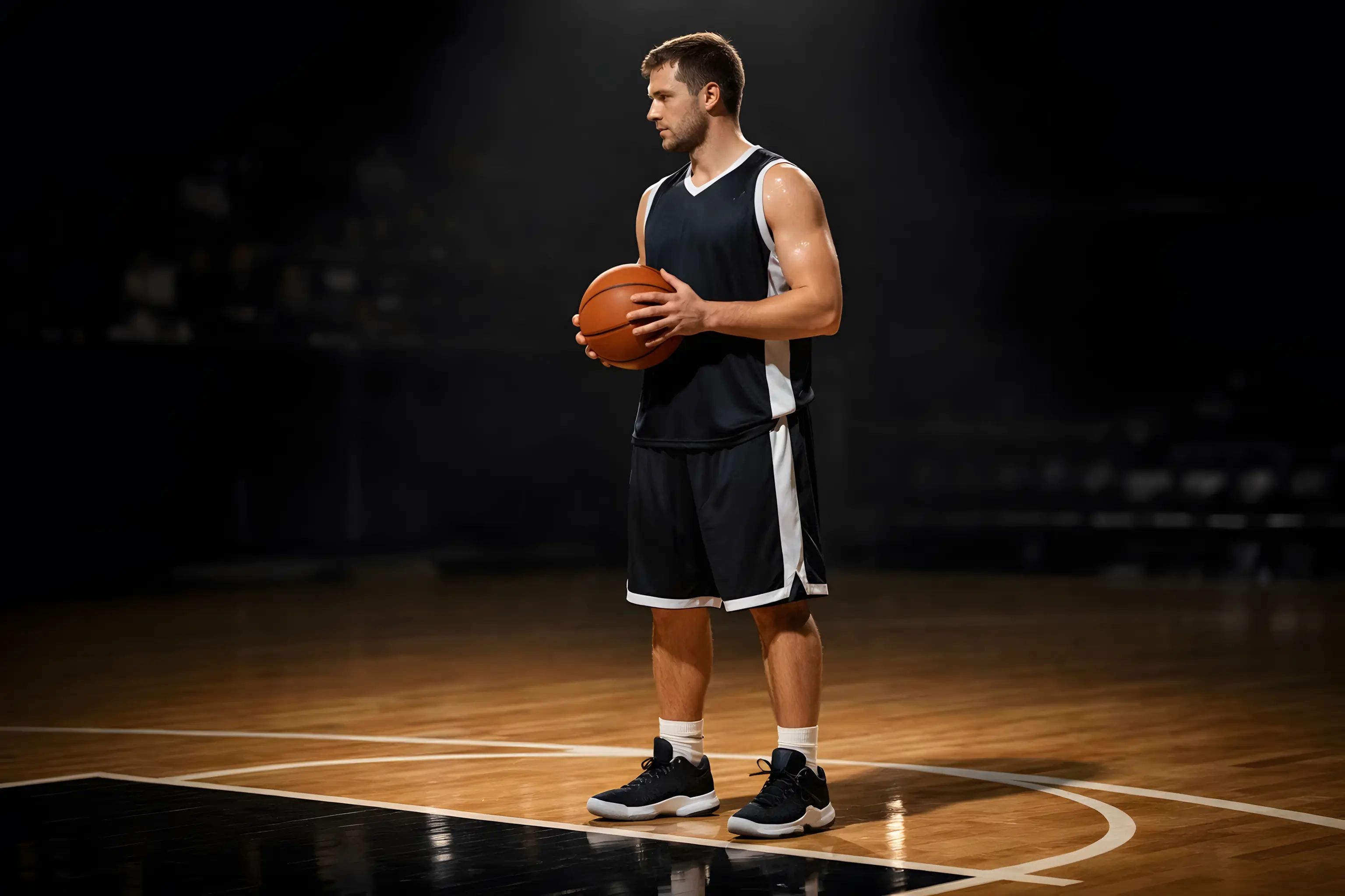 Παίκτης μπάσκετ σε στιγμή συγκέντρσης στο παρκέ — στρατηγικές στοιχήματος