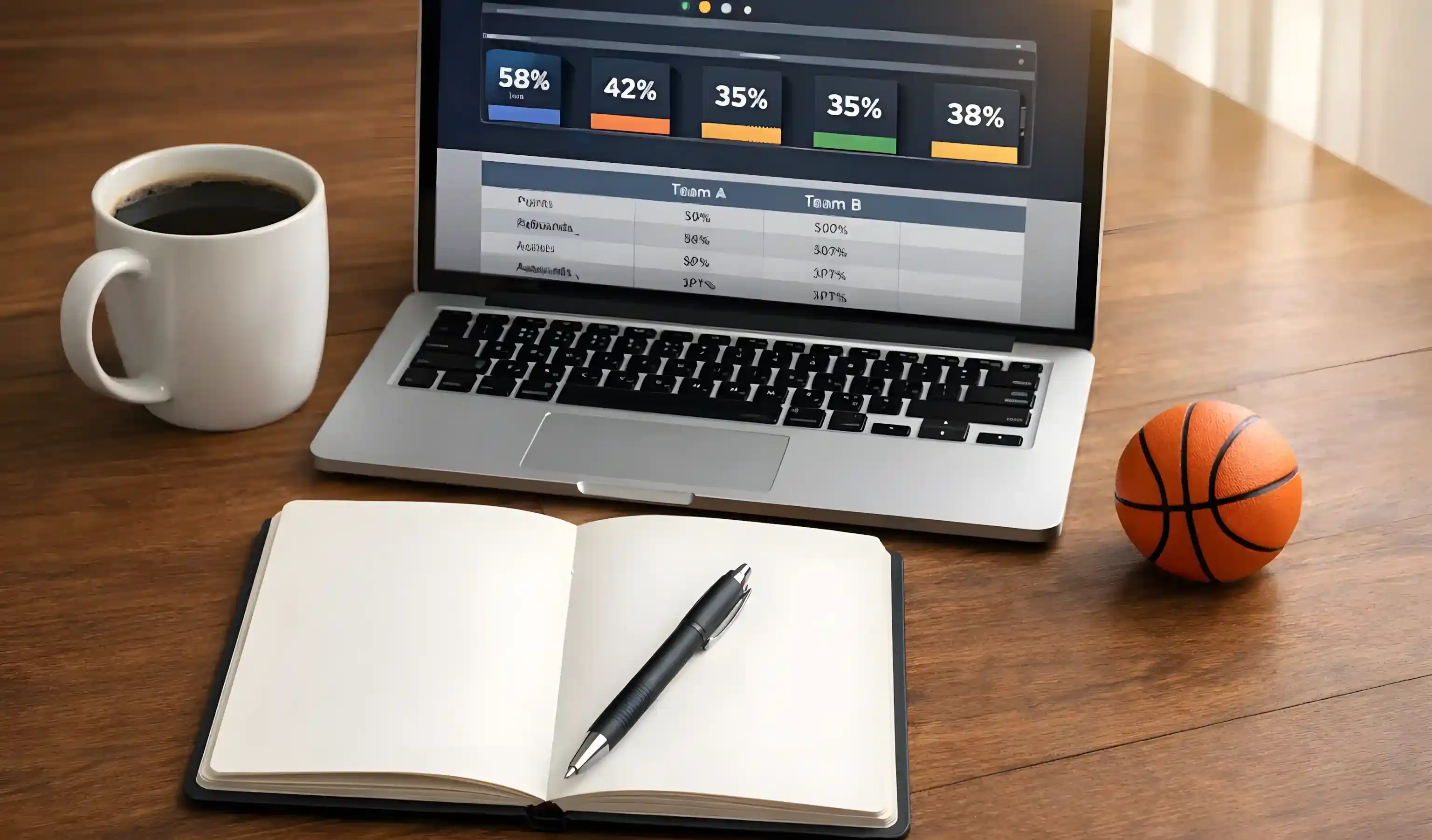 Σημειωματάριο με γραφήματα στατιστικών μπάσκετ δίπλα σε laptop με ανάλυση αγώνα